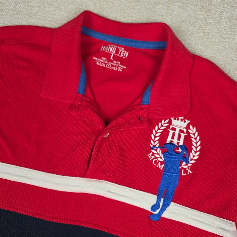 Hang Ten Mens Polo Shirt Large Red Navy Stripe Embroidered Golfer Cotton MCM LX